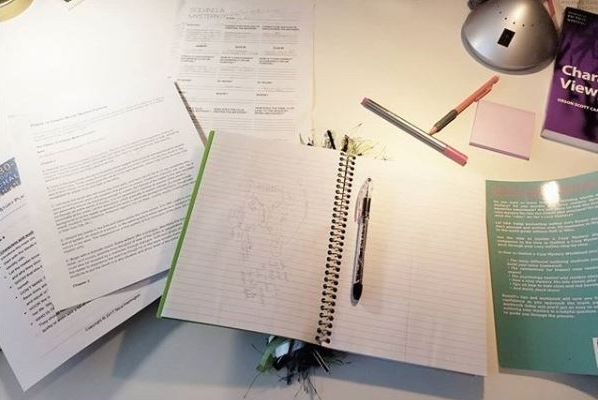 A writer's artfully messy desk.